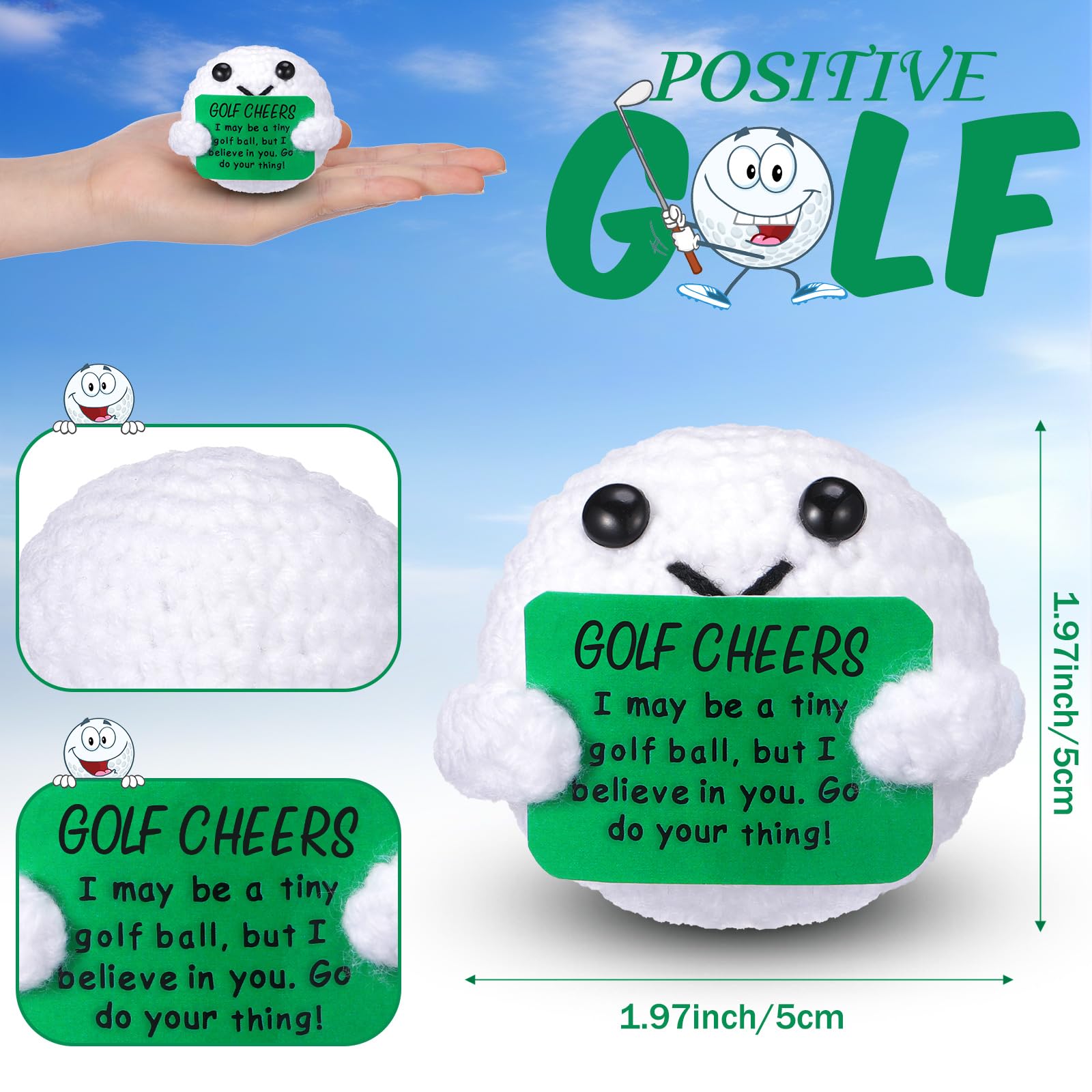Yousoontic Paquete de 12 regalos de golf positivos, regalos de pelota de golf de ganchillo, apoyo emocional, regalos de golf, divertidos regalos de escritorio de golf para mujeres, hombres, golfistas,