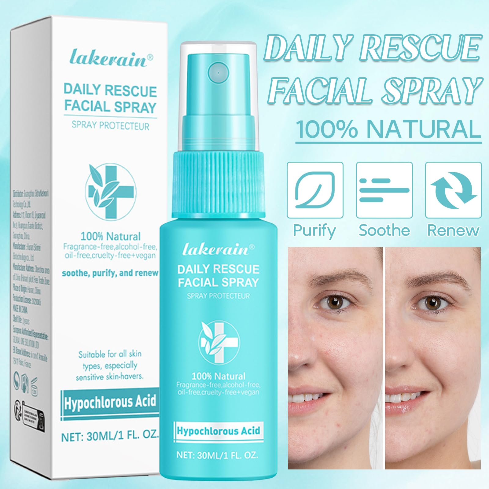 3 Piezas Acido ipocloroso Spray,Spray per viso, sicuro sulla pelle, adatto per cuoio capelluto secco e post-operatorio. Idrata e protegge la tua pelle