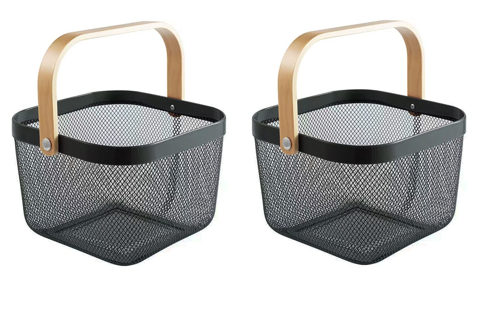 AJIODA 2 Pack Metal Mesh Steel Basket, Storage Organizer Basket Multi-function Hanging Kitchen Baskets Fruit Basket Bin with Wood Handle for Kitchen