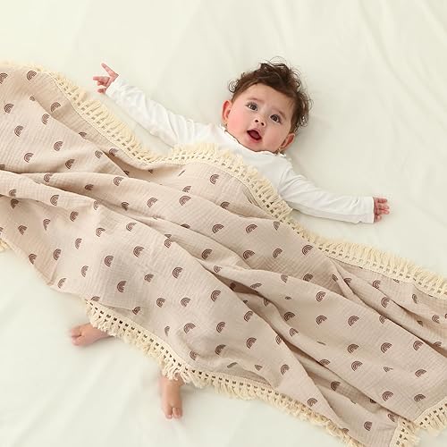 Vista 2 de insular Manta de muselina de algodón para bebé con borla, manta bohemia bohemia de muselina para envolver con flecos, manta de decoración