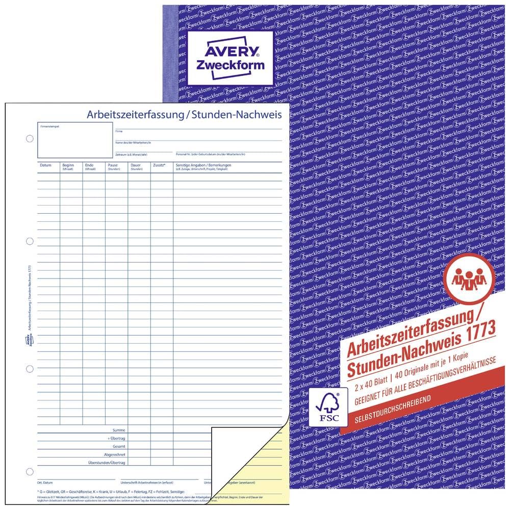 Avery Zweckform 1773 Time Sheet [German Language] Pack of 1