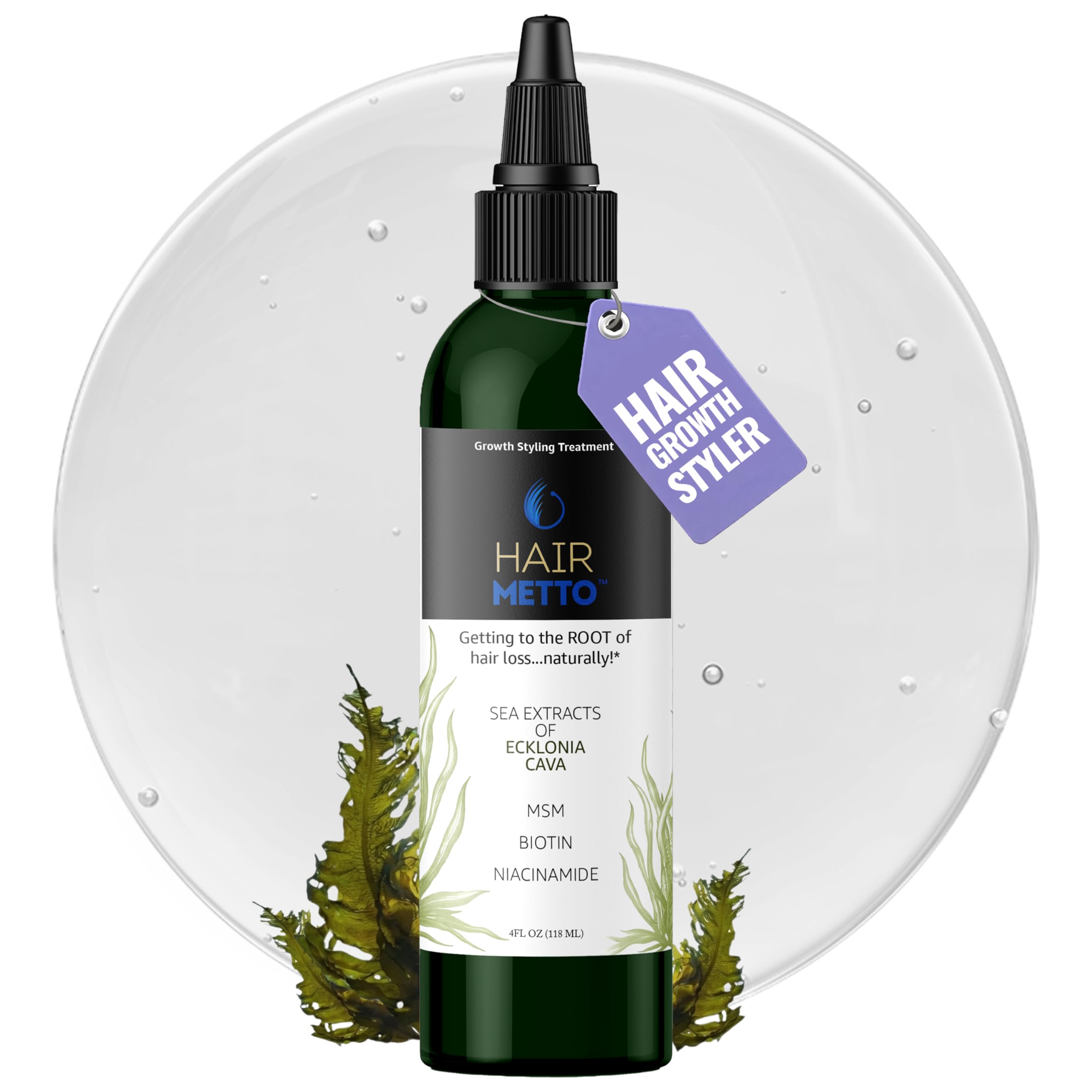 HAIRMETTO® Ecklonia Cava Extract Hair Growth Serum – Styling Gel with Vitamins MSM, Niacinamide & Biotin – Hair Growth Booster for all Hair Types - 4oz (118ml)