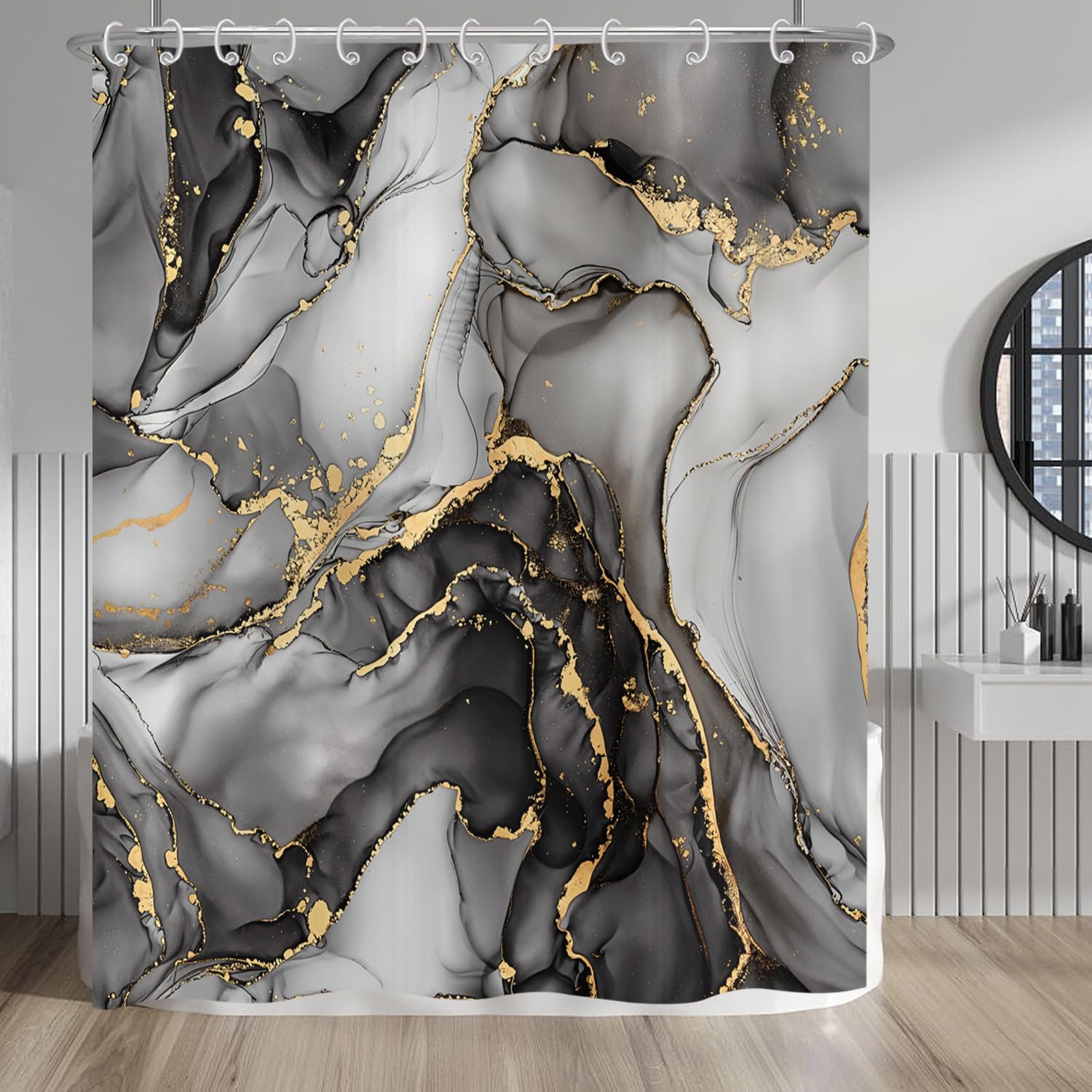 Hnmdmyi Marble Shower Curtain 180x200, Black Grey Gold Abstract Marble Bathroom Curtains Luxury Modern Aesthetic Art Ink Texture Waterproof Polyester Fabric Washable Bath Curtains with Hooks