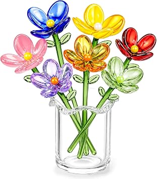 8Pcs Mini Glass Flowers in Vase, Hand Blown Colorful Glass Artificial Flower Bouquet Set, Cute Small Wildflower with Stems, Miniature Decor for Spring Table Ornament, Gift for Women Girl Mix colors