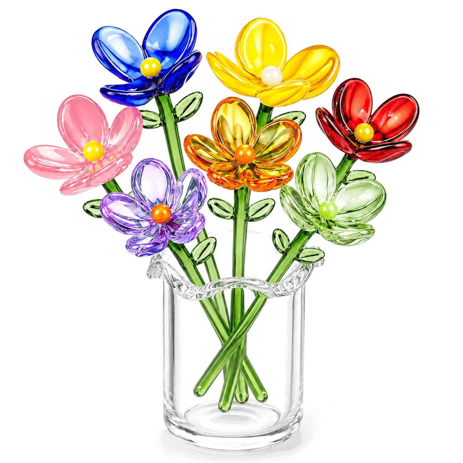 8Pcs Mini Glass Flowers in Vase, Hand Blown Colorful Glass Artificial Flower Bouquet Set, Cute Small Wildflower with Stems, Miniature Decor for Spring Table Ornament, Gift for Women Girl (Mix colors)
