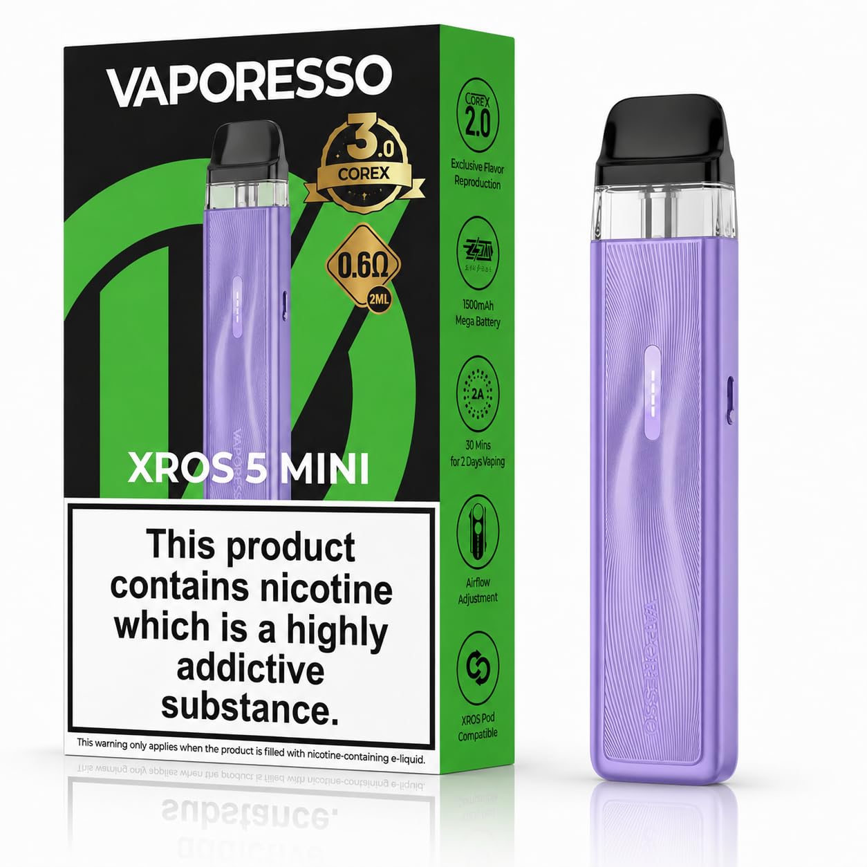 VAPORESSO XROS 5 MINI POD Vape Kit [Purple] - Upgraded 1500mAh Battery, COREX 3.0, 2A Fast Charging, Compatible with All XROS Pods, Refillable and Rechargeable, No Nicotine No Liquid