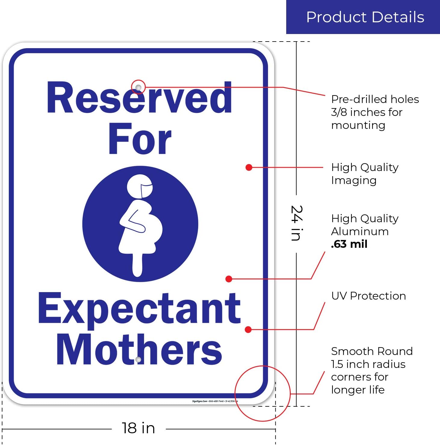 Reserved for Expectant Mother Blue Sign, 18x24 Inches, Rust Free .063 Aluminum, Fade Resistant, Easy Mounting, Indoor/Outdoor Use, Made in USA