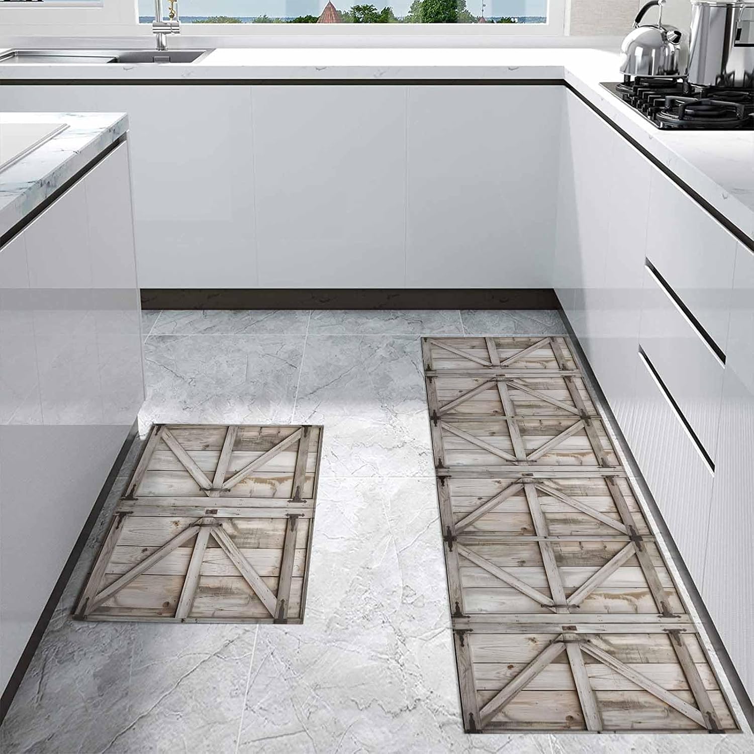 Teamery Kitchen Mats for Floor Farmhouse Retro Barn Door Washable Non Slip Kitchen Rugs 2PCS, Vintage Wood Board Absorbent Standing Mats for Sink Bathroom Office Living Room 15.7x23.6in+15.7x47.2in