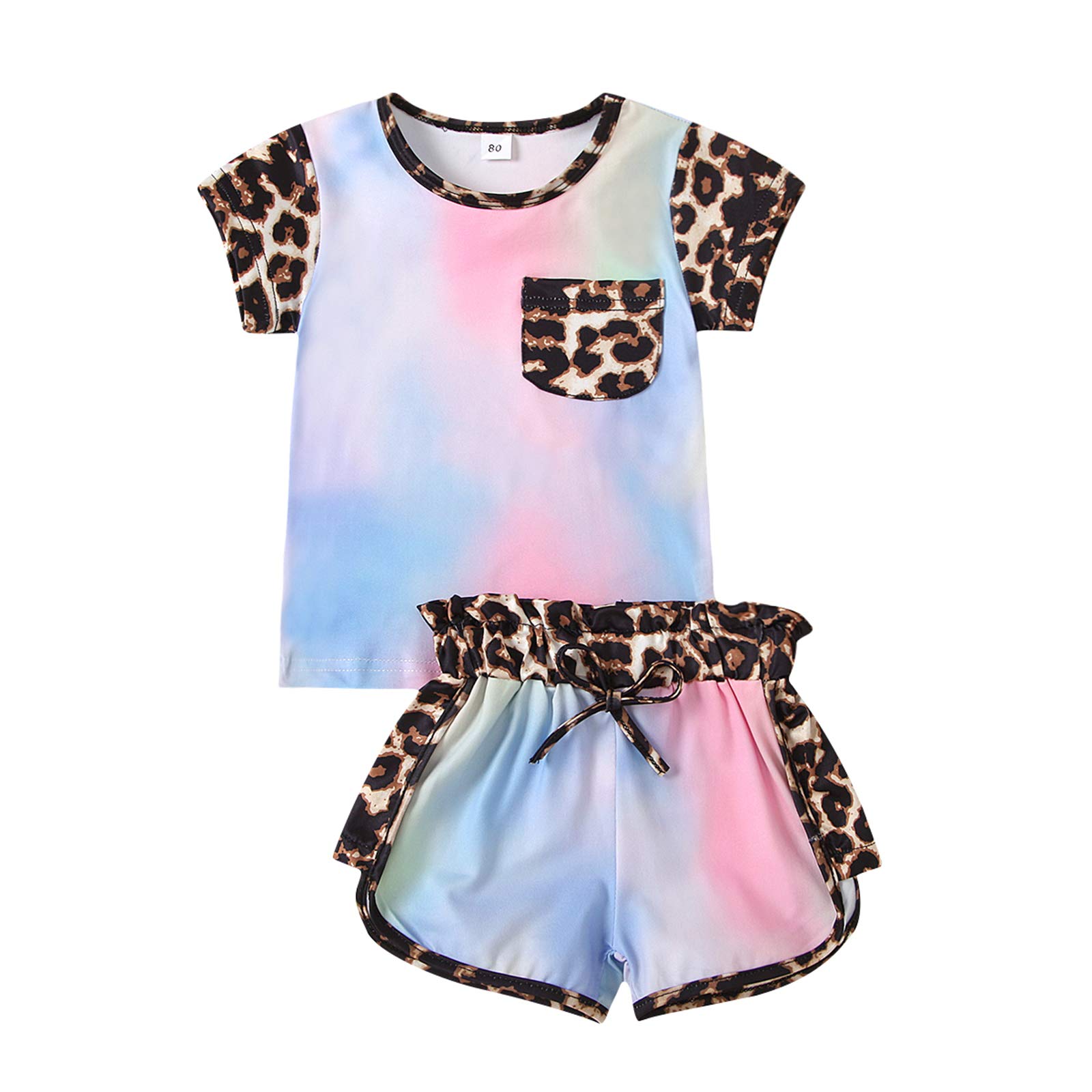 Kid Baby Girls Summer Shorts Set Leopard T-Shirt Top Drawstring Shorts 2Pcs Tracksuit Clothes Set 6M-6Y (Tie Dye-Blue, 5-6Y)