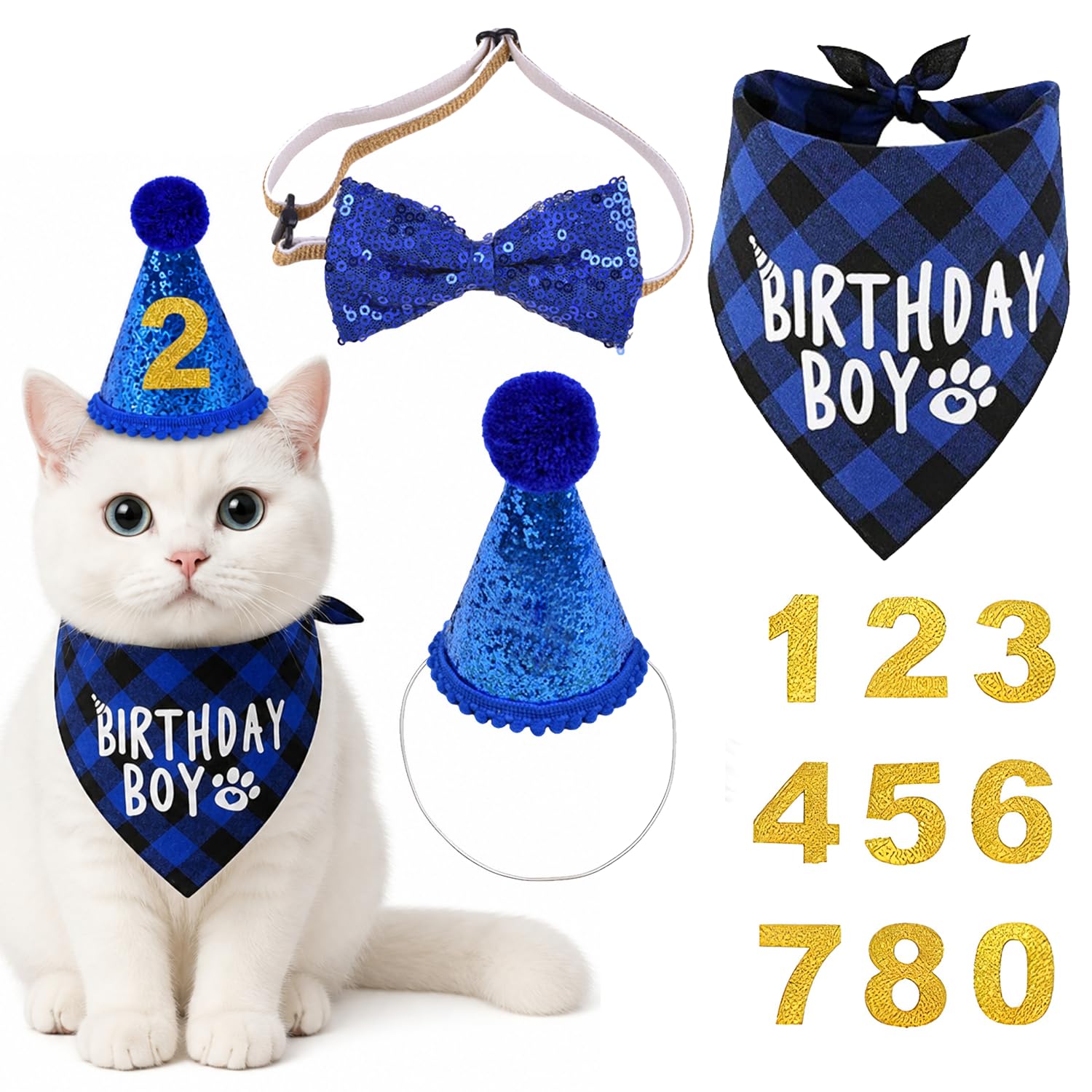 Cat Birthday Outfit Set Blue, Cat Birthday Hat with Bandana Bow Tie and Number Accessories, Cat Birthday Decorations Costume Set for Cats Kittens Pets