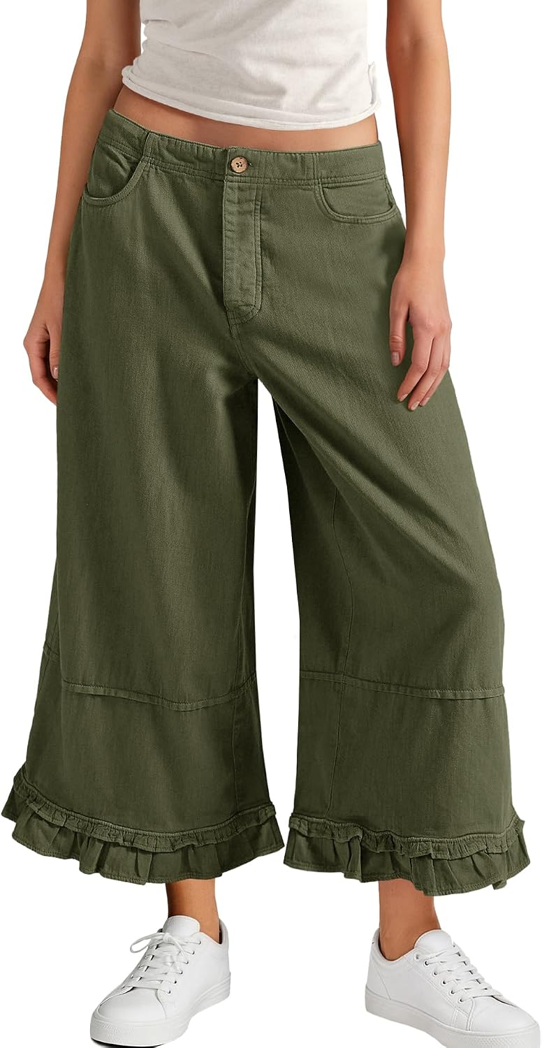 Nirovien Womens Wide Leg Flare Jeans Elastic Waist Capri Pants Baggy Ruffle Hem Denim Pants with Pockets