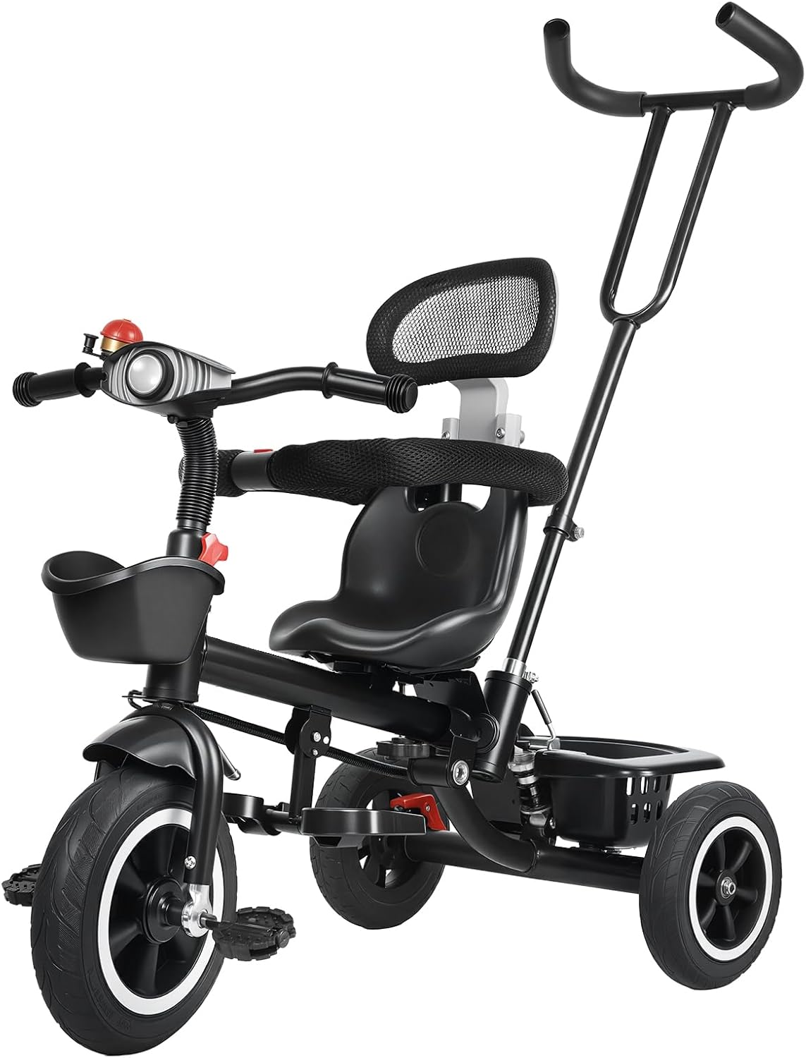 Children Trike, Kids Tricycle with Adjustable Push Handle, Removable Canopy, Safety Harness, Music Headlight, Storage Basket, Kid Push Bike for 3-6 Years Old (Black 2)