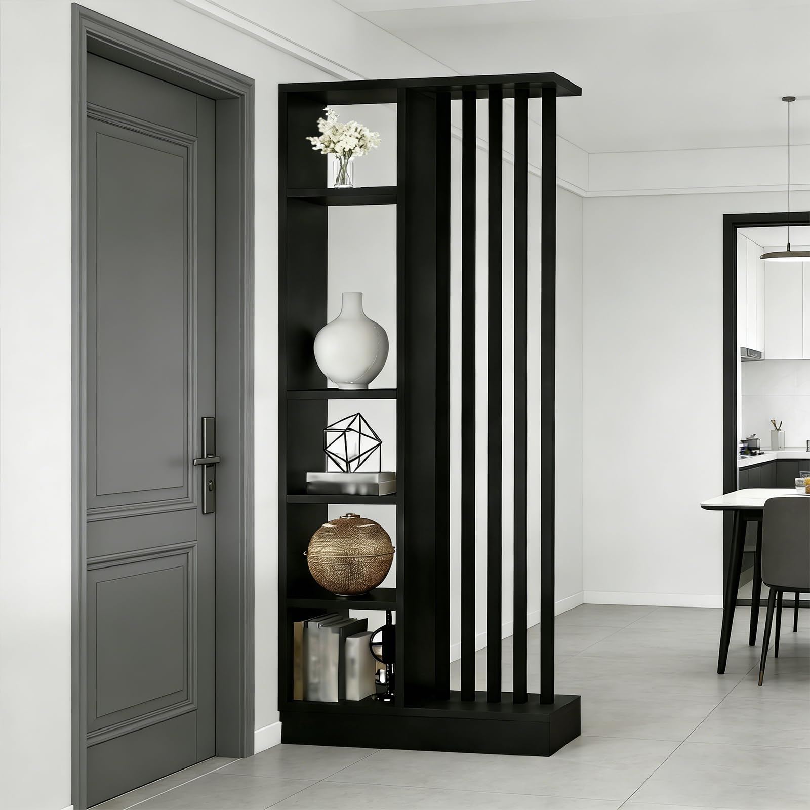 Room Divider with Shelves, Entrance Hall Partition Screen Column Floor to Ceiling - Room Divider with Storage Shelf, Easy Assembly Freestanding Decor for Bedroom (A Black+Black, 80cm / 31.5in)