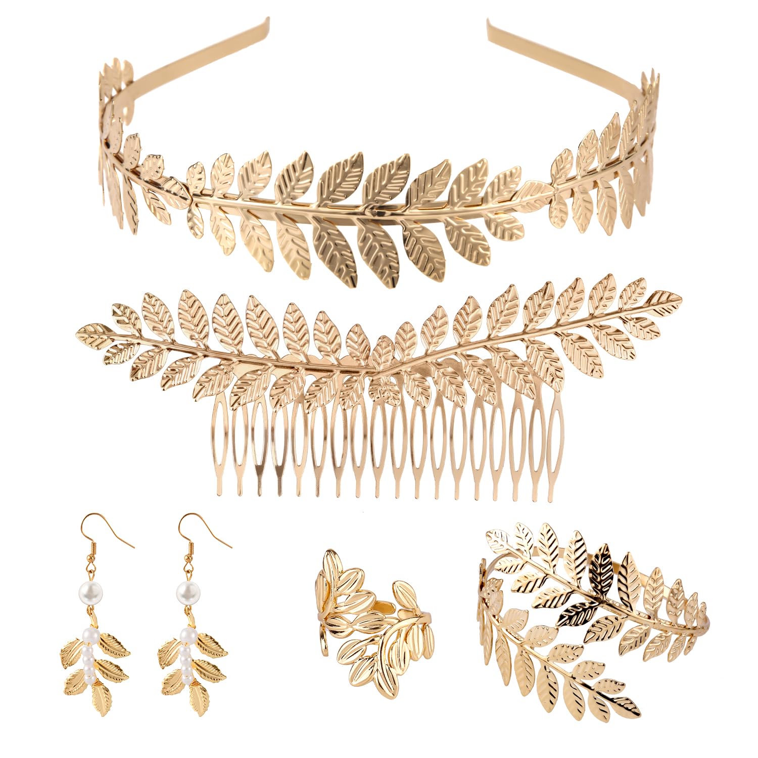 Mikovivi 5uds Accesorios Diosa Griega Mujer, Dorados Joyas de Diosa Griega Accesorios de Diosa Diadema de Hojas Anillo Brazalete Pendientes de Hojas de Perla Peineta Accesorios Toga