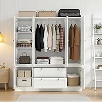 Vista 3 de Armario de 4 puertas blanco de 71 pulgadas con 2 cajones grandes y asas doradas, armario de almacenamiento independiente para colgar ropa