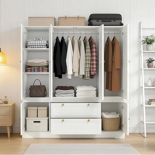 Miniatura 3 de Armario de 4 puertas blanco de 71 pulgadas con 2 cajones grandes y asas doradas, armario de almacenamiento independiente para colgar ropa