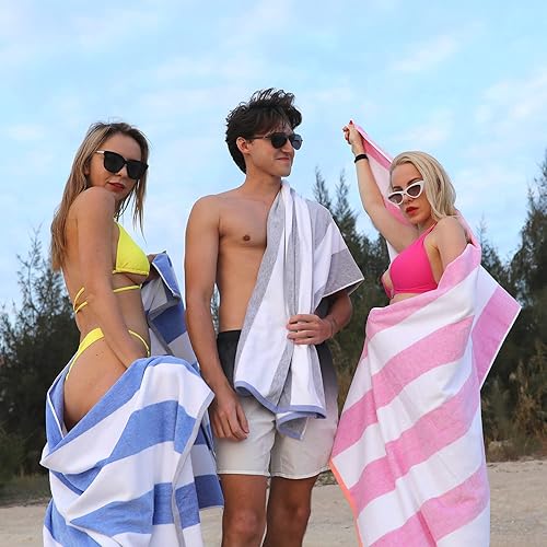 Miniatura 6 de Toalla de playa de algodón de gran tamaño - Toalla de piscina grande de 70 x 35 pulgadas, toalla de cabana de natación de secado rápido a rayas