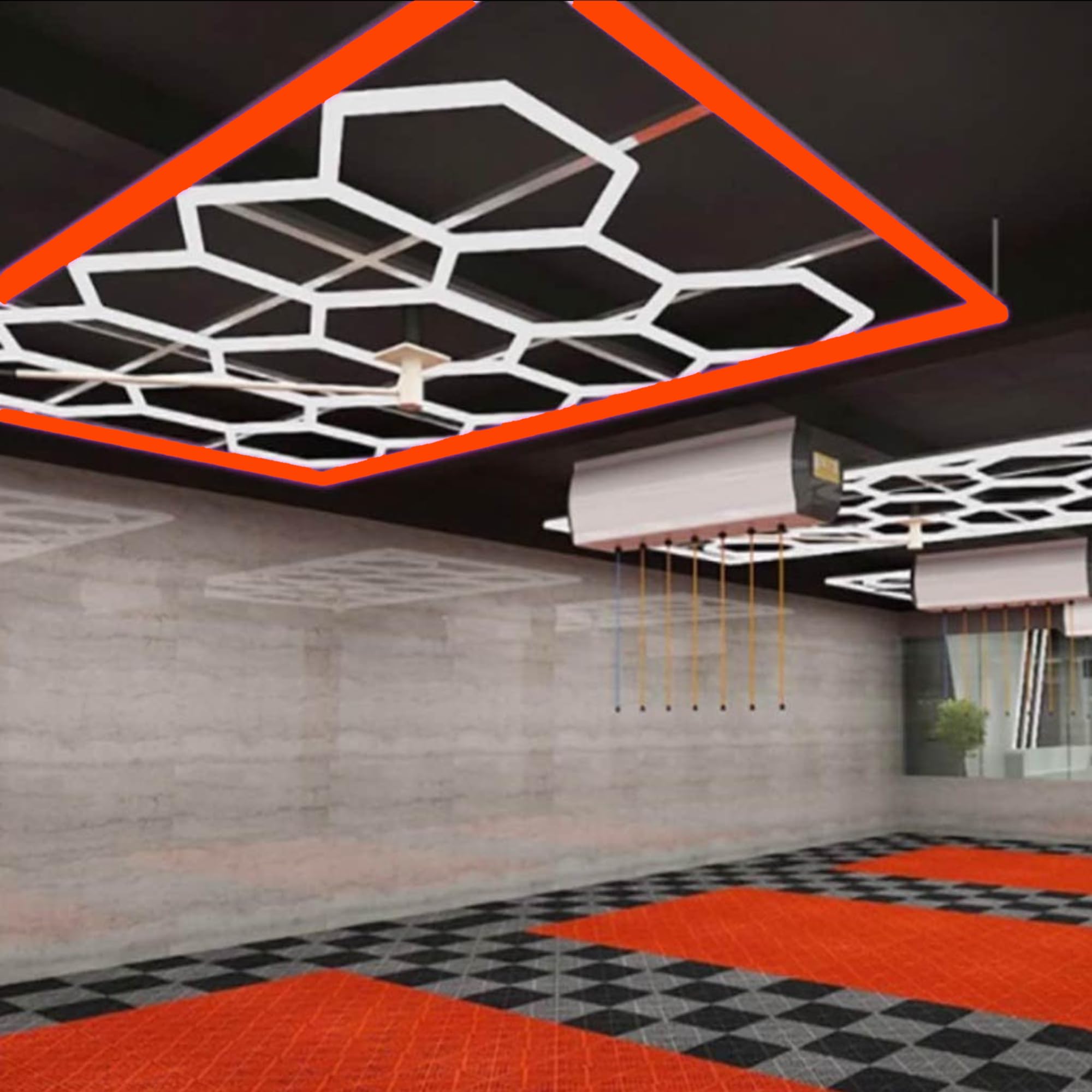 LED Hexagon Garage Light Fixture With Colored Border 6000K 680W 14 Grid Hexagon Light Set With Rectangle Frame for Garage, Detail Shop, Store, etc. Over 70,000+ Lumen 110V 16FT x 8FT (Red Border)