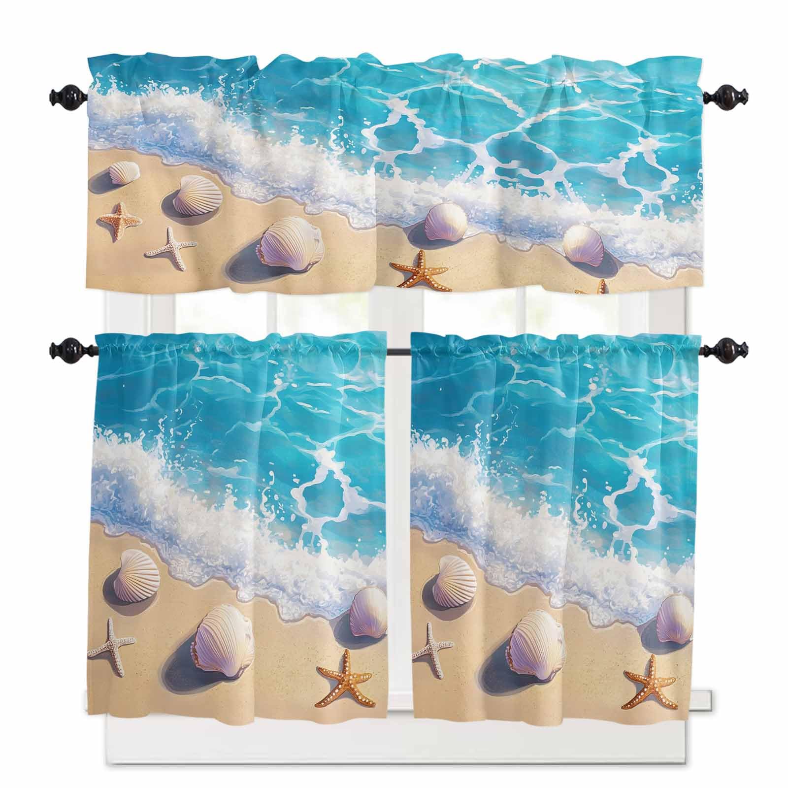 Coastal Beach Kitchen Curtains 36 Inch Length,3 Piece Rod Pocket Small Half Tiers and Valance Set,Nautical Ocean Starfish Shells Sea Waves Small Large Window Treatment Decor for Bedroom/Bathroom Sink