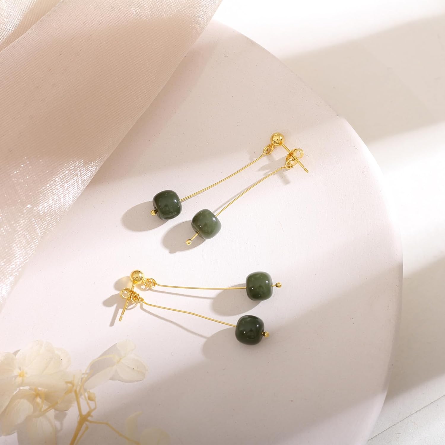 Natural Hetian Jade Bead Earrings, Lucky Green Jade, Dainty Green Real Jade Charm Pendant Jewelry Studs, Handmade Ear Stud Earrings Hoop Earrings for Women - Image 7