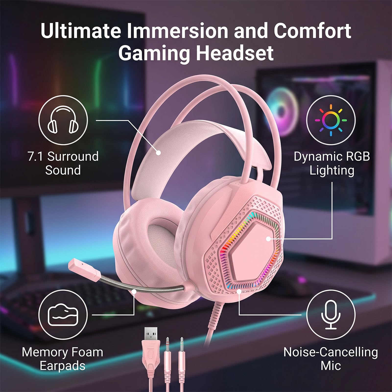 Casque de jeu filaire 3,5 mm 7.1 son surround RVB avec microphone antibruit, pilote de 50 mm, coussinets d'oreille en mousse à mémoire de forme pour PC Switch (rose)