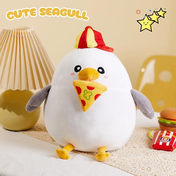 Cute Pizza Seagull Plush Toy, White Seagull Stuffed Animal with Cap for Kids, Boys and Girls, 12 Inch