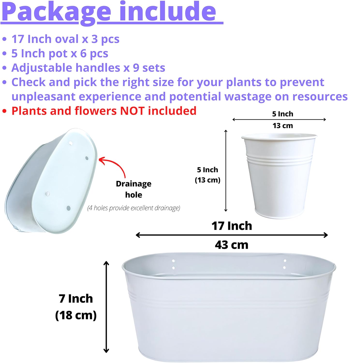 LaLaGreen 17 Inch Rail Planter (9-PIECE COMBO SET) Large White Metal Hanging Rail Fence Flower Pots, Modern Balcony Railing Planter Garden Style Iron Patio Planters Outdoor Deck Decoration Porch Decor