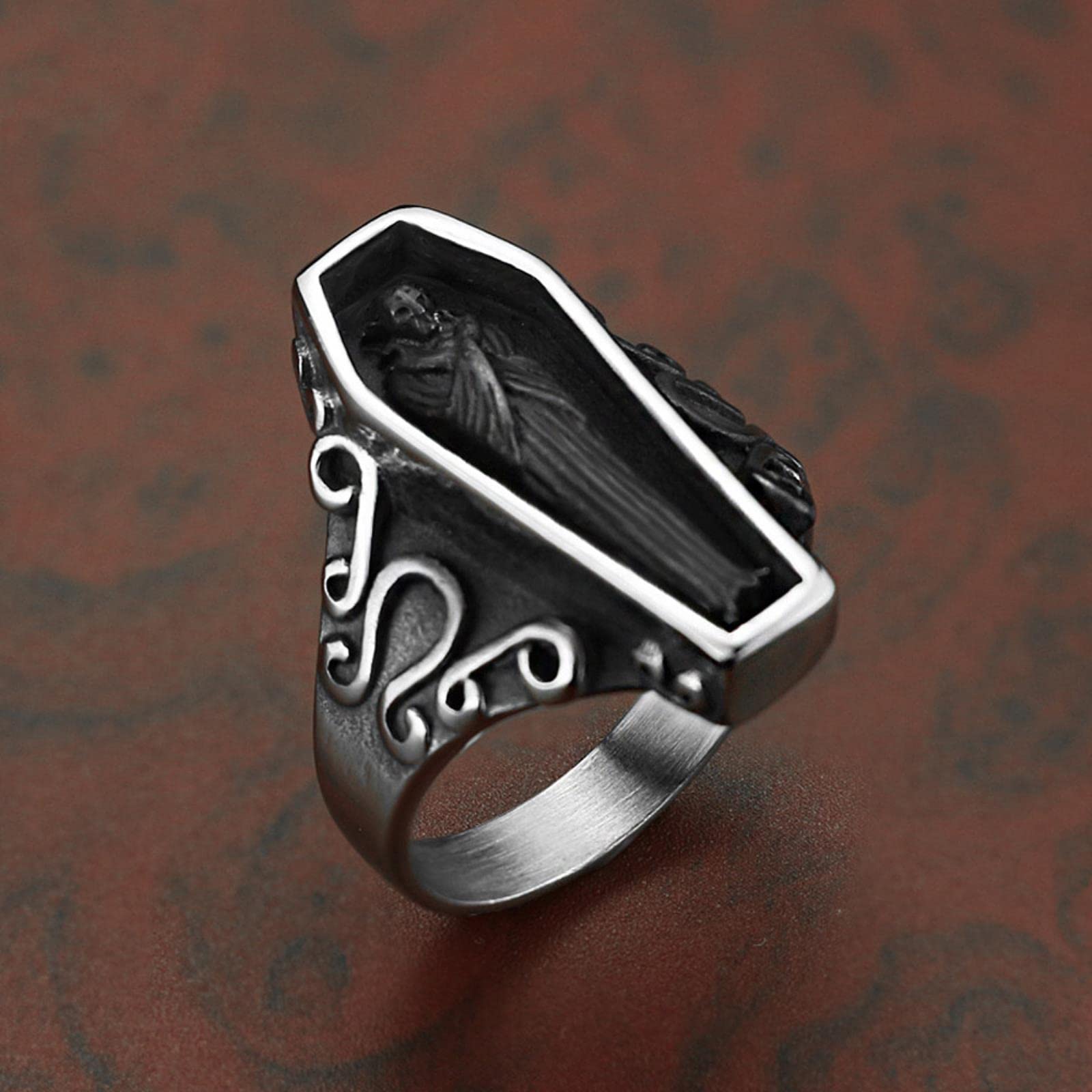 Xjruixi Men's China Retro Zombie Vampire Biker Ring Boys Black Stainless Steel Punk Coffin Rings For Boys Gothic Ring Wholesale