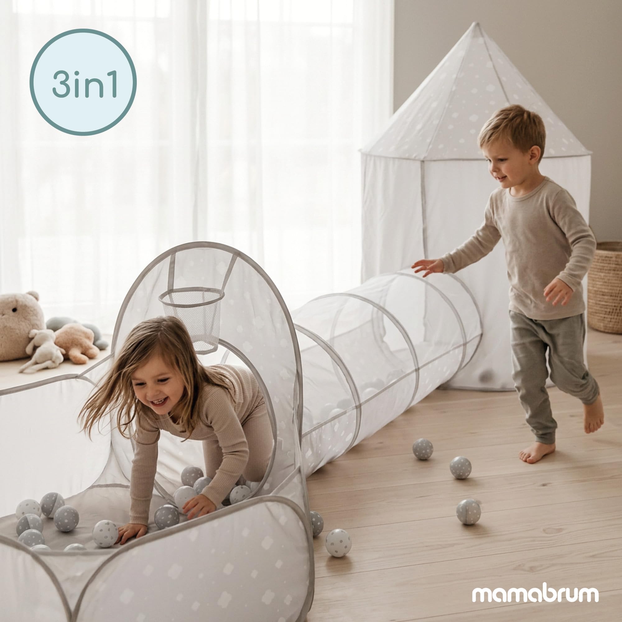 Mamabrum Spielset 3-in-1 Zelt Schloss mit Tunnel und Ballbecken, Faltbarer Spielplatz für Haus und Garten, Grau mit Weiß, Polyester, Metall, 50 x 60 x 100 cm