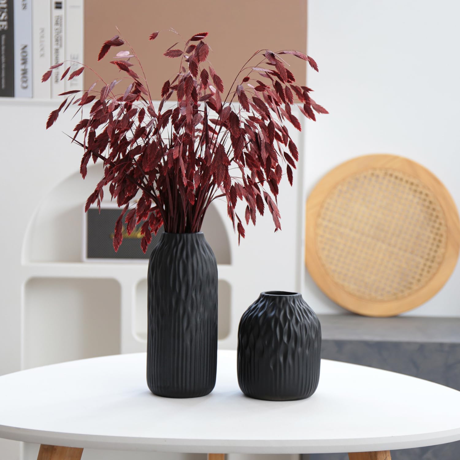 Schwarze Keramik-Blumenvase, 2er-Set, Porzellan, zylindrische Trockenblumen-Halter, Dekoration für Salon/Tisch/Arbeitszimmer/Büroeingang, moderner einfacher Boho-Stil (Schwarz)