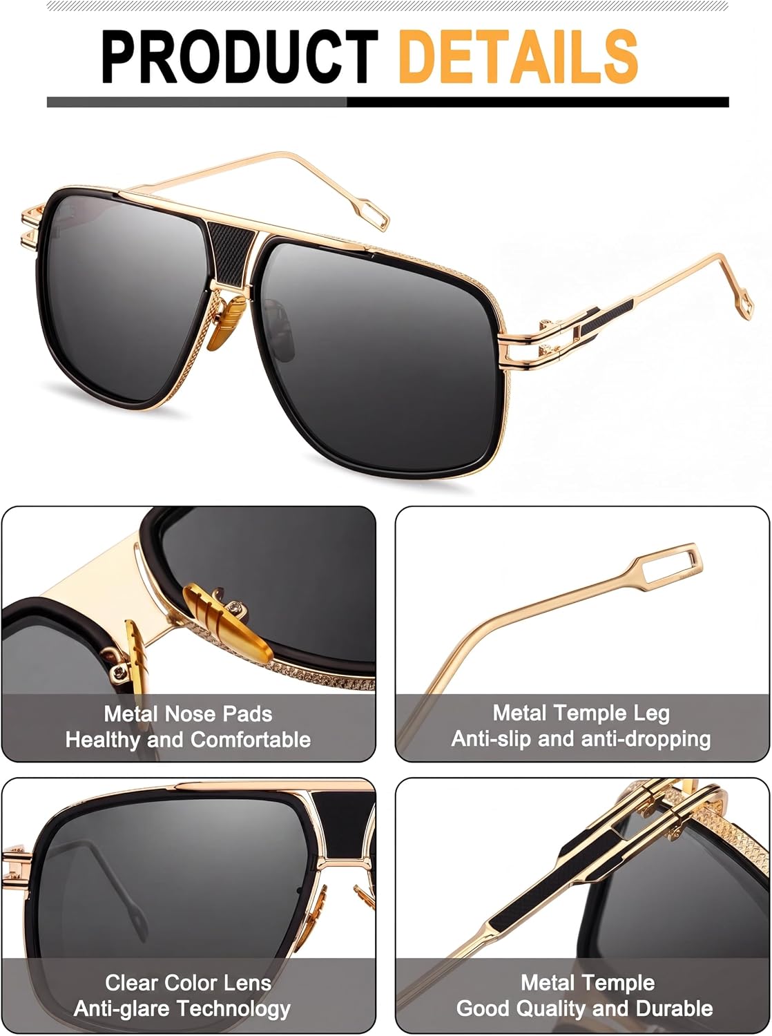 Frienda 3 Pairs Retro Sunglasses for Men Oversized Men Shades Glasses Fashion Alloy Metal Gold Frame Polarized Sun Glasses