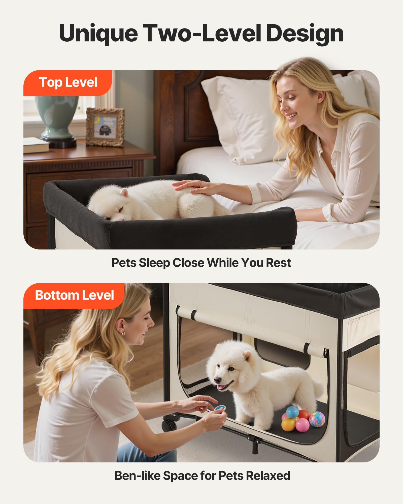 VEVOR Lit Surélevé pour Chiens Chats, Lit de Camp pour Animaux de Compagnie Pliable, Panier Chiens en Tissu Oxford 600D et Velours Hollandais, avec Roues et Pochettes Latérales, Taille XL, Beige