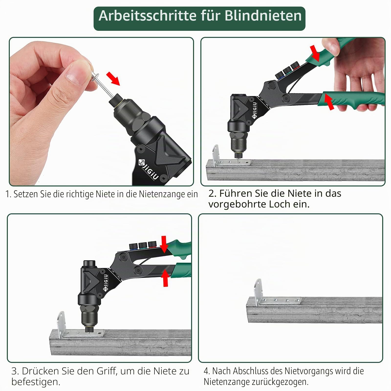 JiGiU 3 IN 1 Nietmutternzange Set, 360° Drehkopf, mit 40 Mutter & 40 Nieten