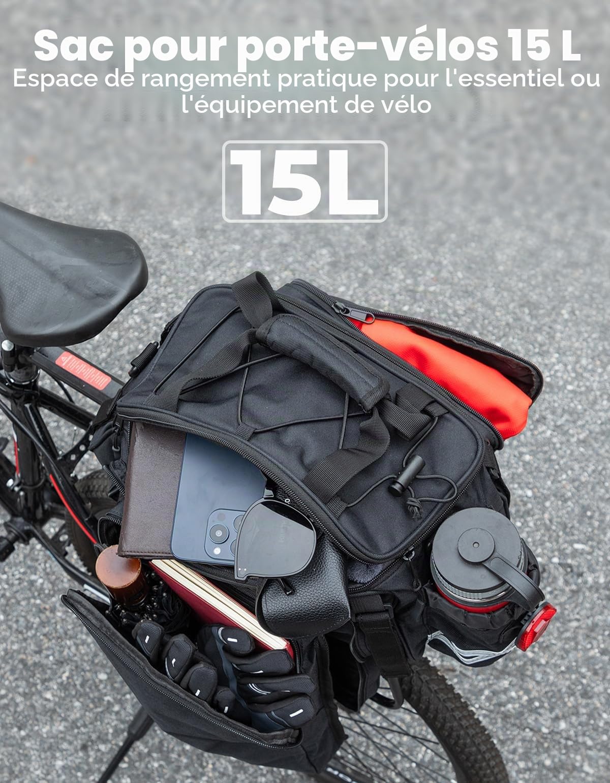 KEMIMOTO Sacoche Vélo Porte Bagage Arriere, 9 à 15L Sacoches Vélo 2 en 1 Grande Capacité avec Housse Imperméable, Sac Velo de Rangement Arrière pour Cyclisme VTT Voyage Sport