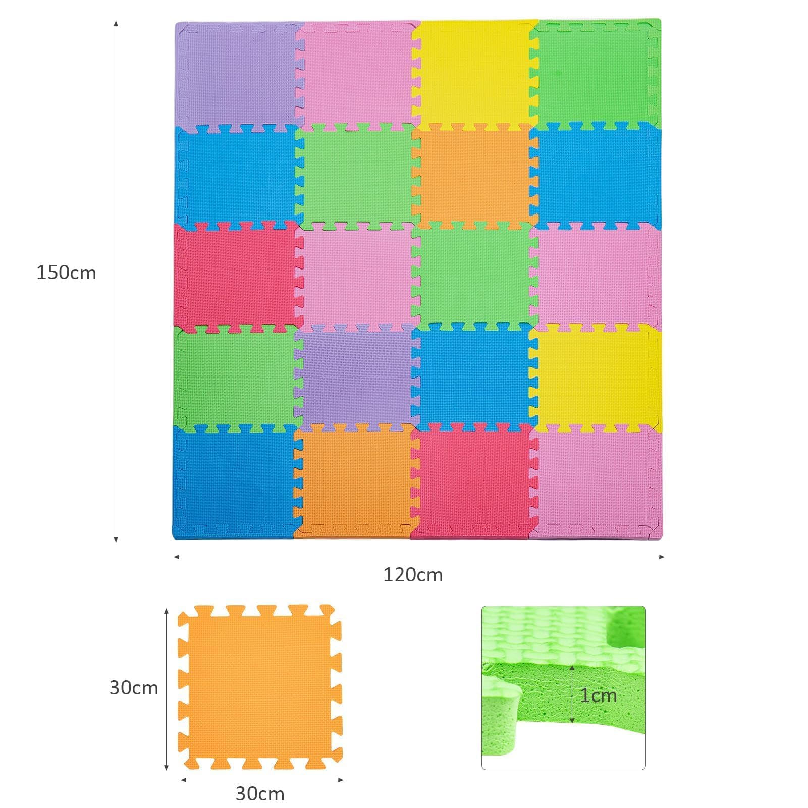 20er-Set Puzzlematten 30×30cm – Weiche Eva Spielmatten, rutschfest, wasserdicht, vielseitige Krabbel- und Spielmatte für Kinderzimmer, Spielbereich und Bodenbelag (Farbig)