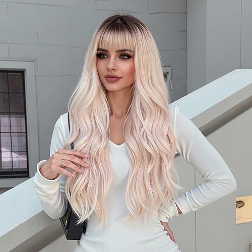 Miniatura 9 de YOUGRACE Peluca larga de mezcla marrón con flequillo, pelucas rizadas y onduladas de color marrón para mujer, 26 pulgadas, peluca de fibra sintética