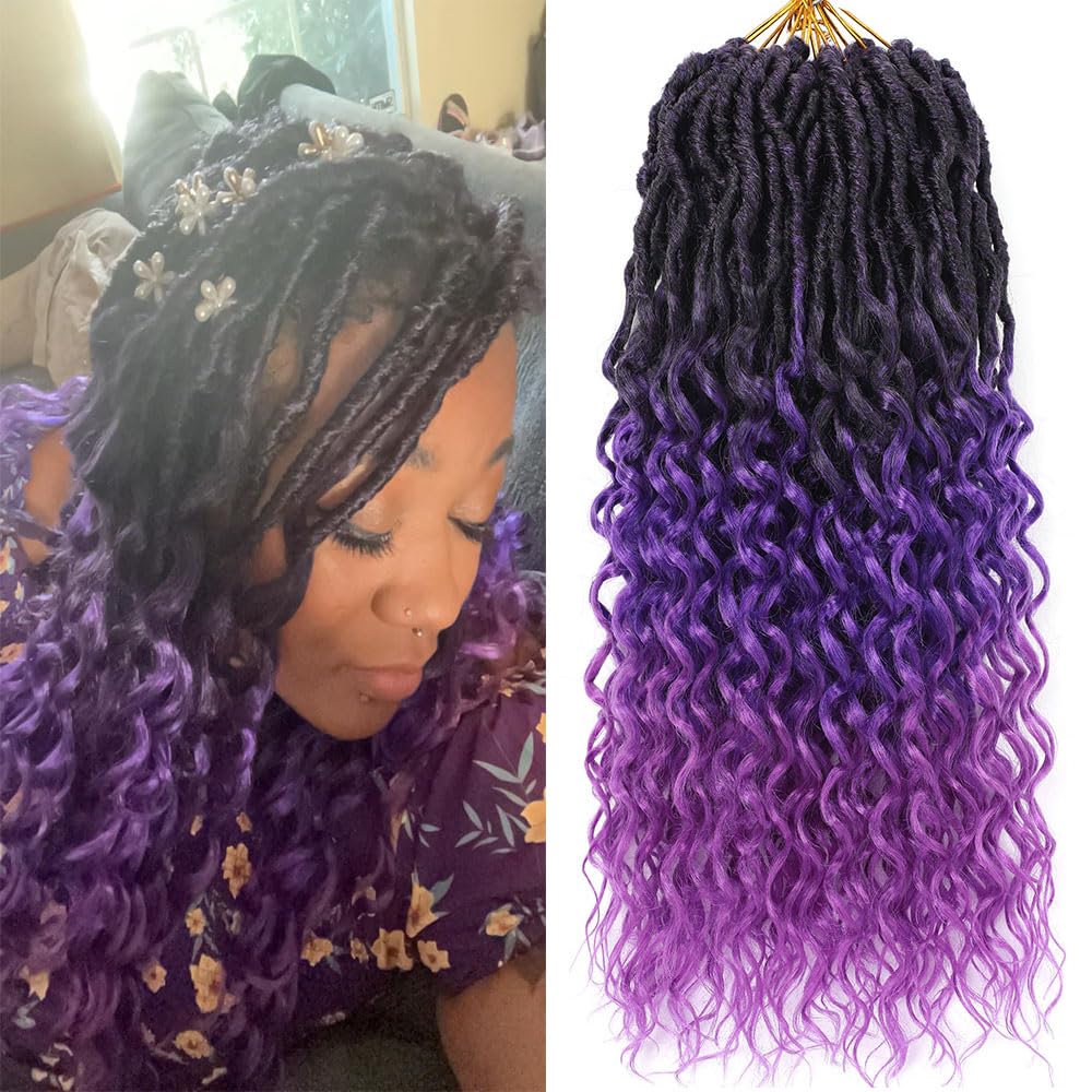 18 Inch Goddess Locs Crochet Hair 8 Packs New Soft Faux Locs Crochet Braids Deep Wave Pre Looped Hair Extensions for Black Women(T1B/Purple/8PCS/18inch)