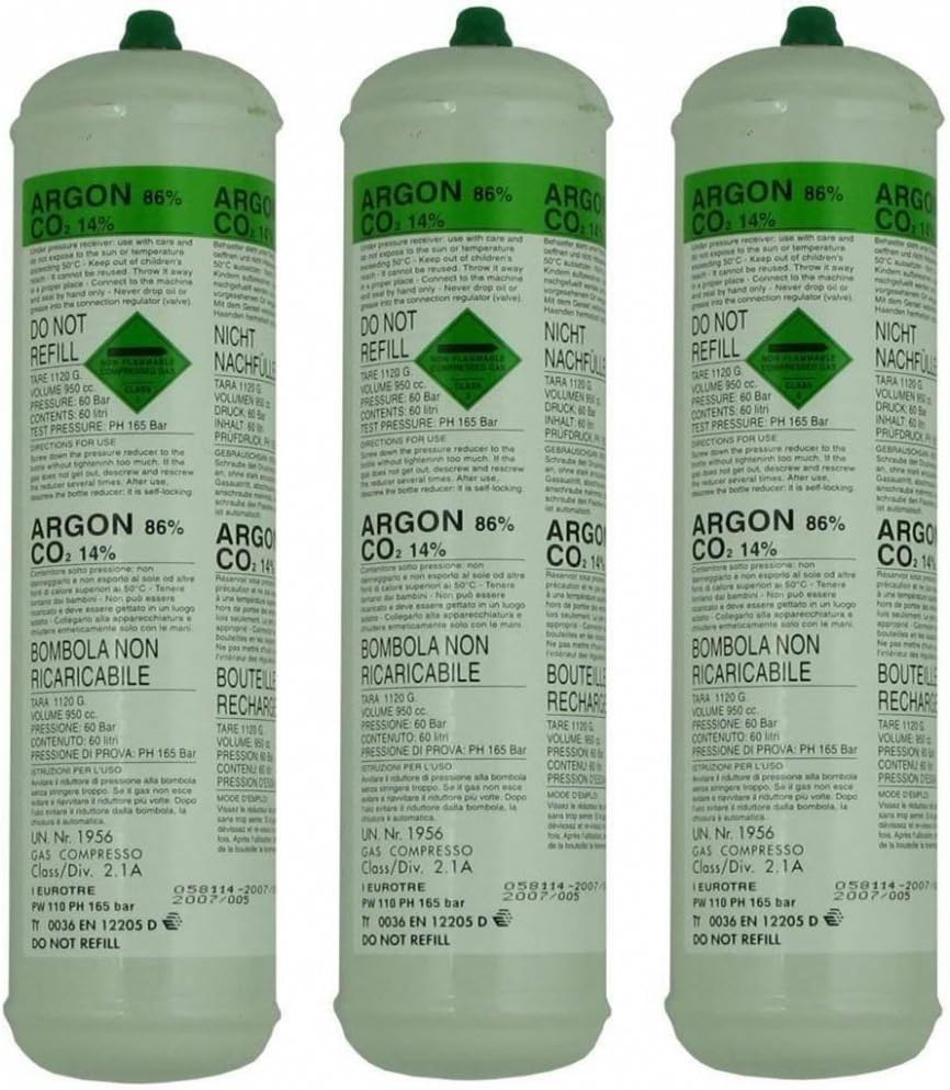 3 X Argon CO2 Disposable Welder Gas Bottle 60 L Litre For Gas Gasless Mig