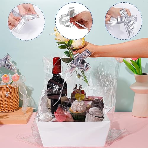 Miniatura 7 de MADHOLLY Juego de 6 cestas vacías para regalos, resistente juego de cesta de regalo de papel kraft con envoltura de celofán y lazos para Navidad,