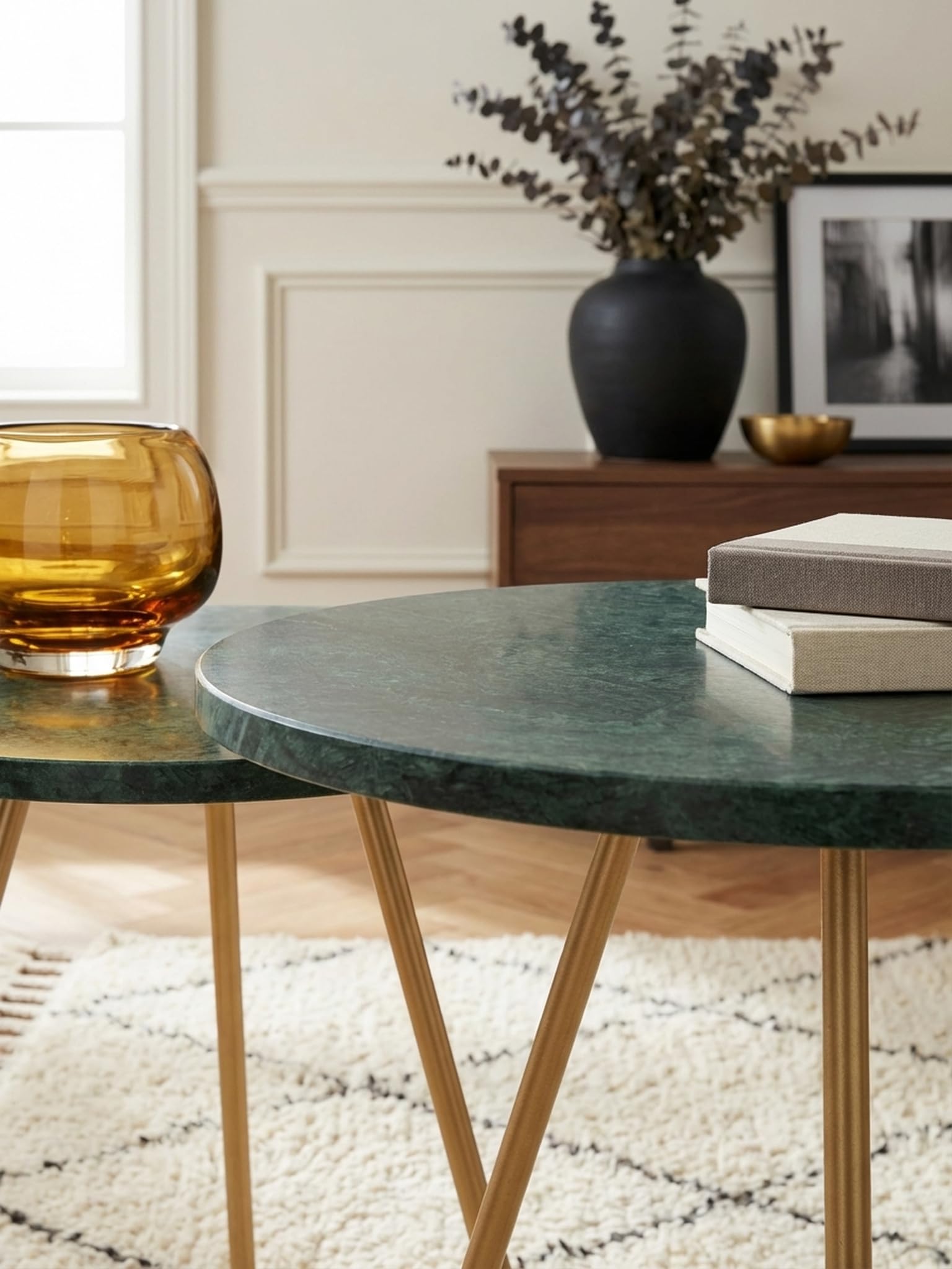 Tavolino da salotto rotondo marmo naturale Ø 38 cm, treppiede, verde oro