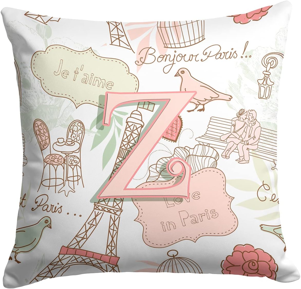 Caroline's Treasures CJ2002-ZPW1414 Letter Z Love in Paris Pink Fabric Decorative Pillow Machine Washable, Indoor Outdoor Decorative Pillow for Couch, Bed or Patio, 14Hx14W