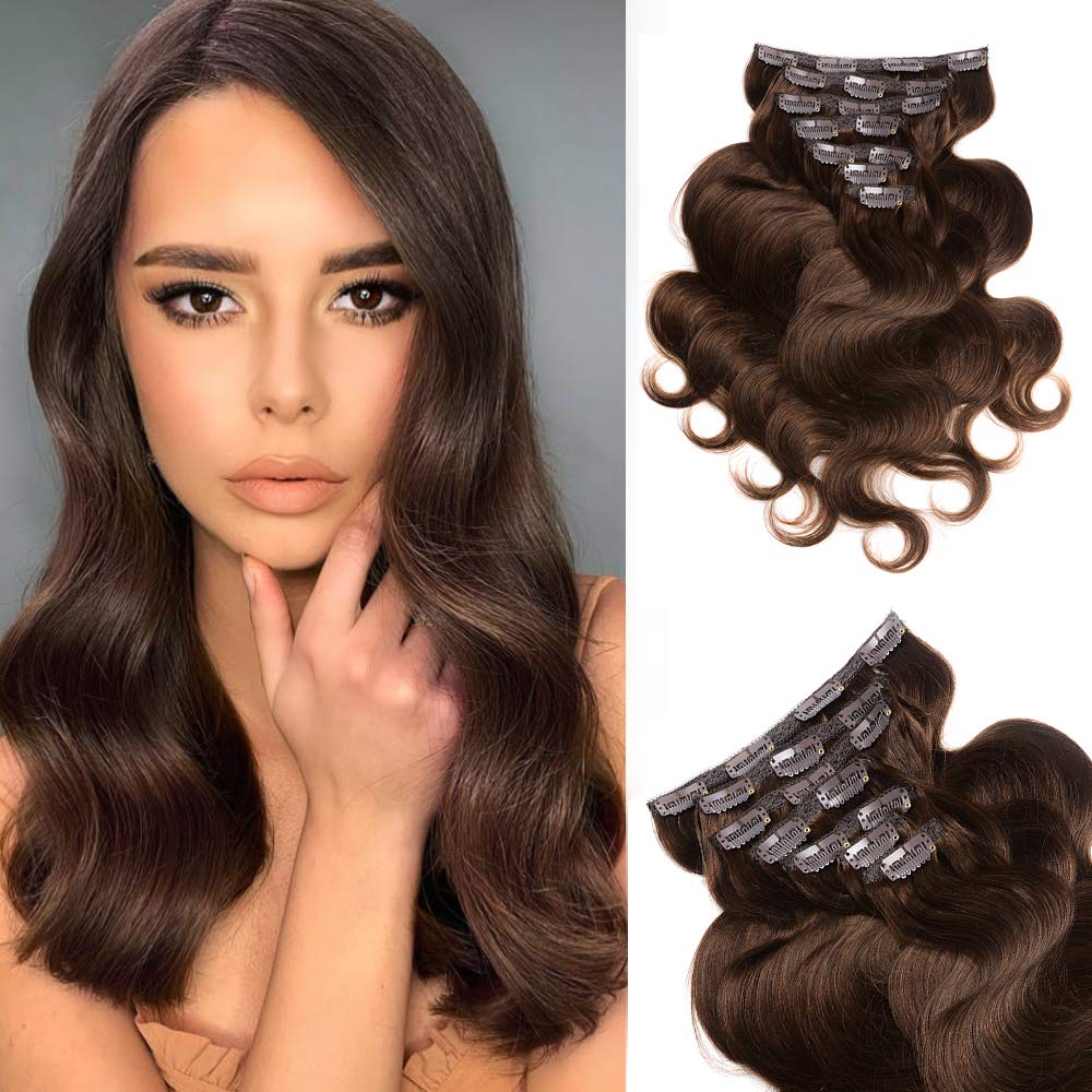 14" Clip in Human Hair Extensions Full Head 110g 7 Pieces 16 Clips Medium Brown Double Weft Brazilian Real Remy Hair Extensions Thick Body Wave Silky (14" 110g, #4)