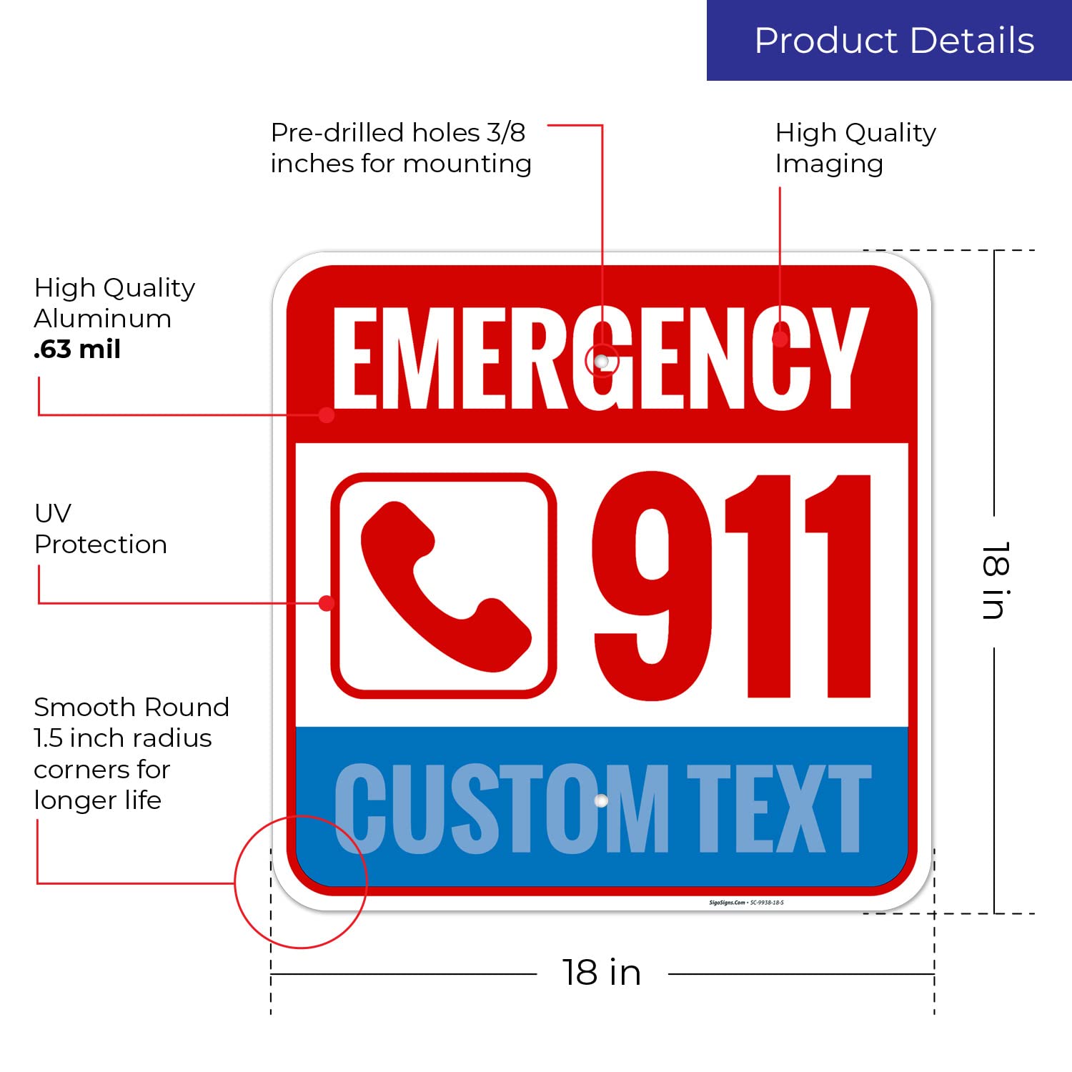 Custom Pool Emergency 911 with Graphic Sign, 18x18 Inches, Rust Free .063 Aluminum, Fade Resistant, Made in USA