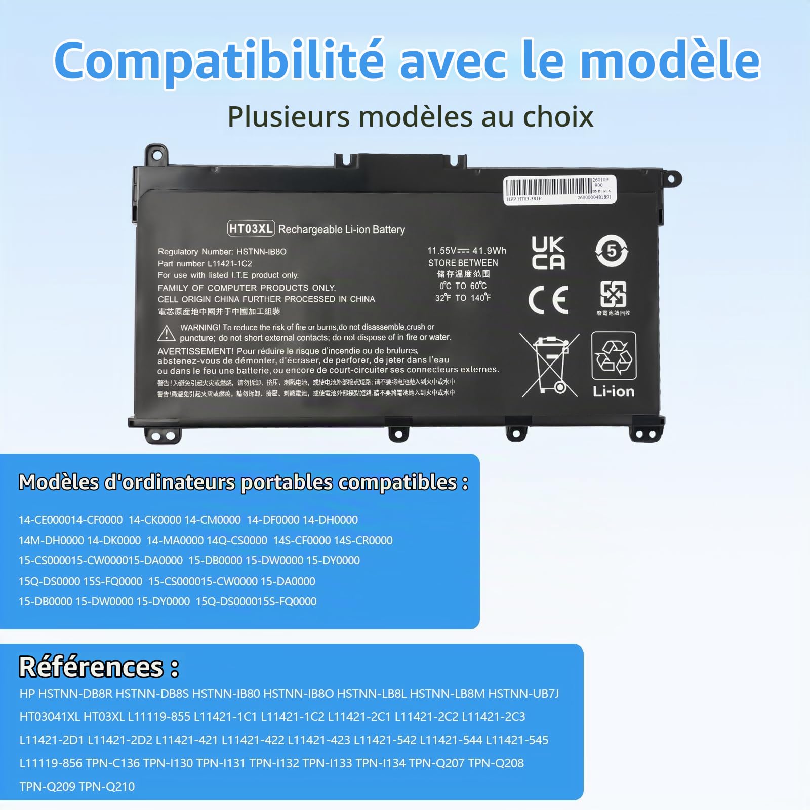 HT03XL L11119-855 Battery for HP Pavilion 17-by 17-CA 15-CS 15-DA 15-DB 15-DW 15-DY 15-CW 15-EF 15-CU 14-CE 14-CF 14-DF 14-DH 14-CK 14-DQ 15-CS30 73CL 15 -DA0014DX L11421-2C2 HSTNN-LB8M