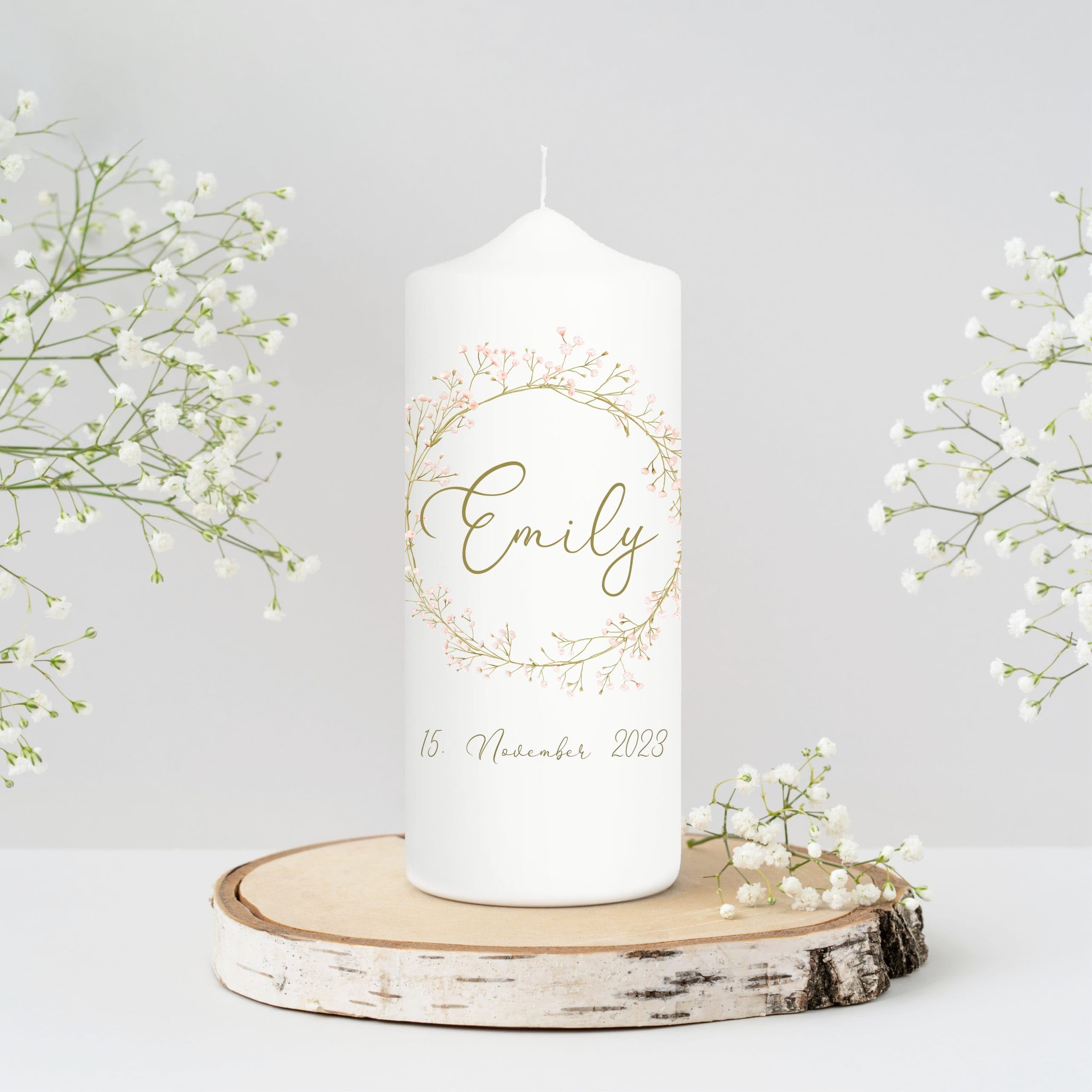 Wandtattoo Loft Taufkerze Kerze Junge Mädchen Kranz aus kleinen Gypsophila Blumen pastell mit Namen, Datum, Patenkerze 18cm x 7cm