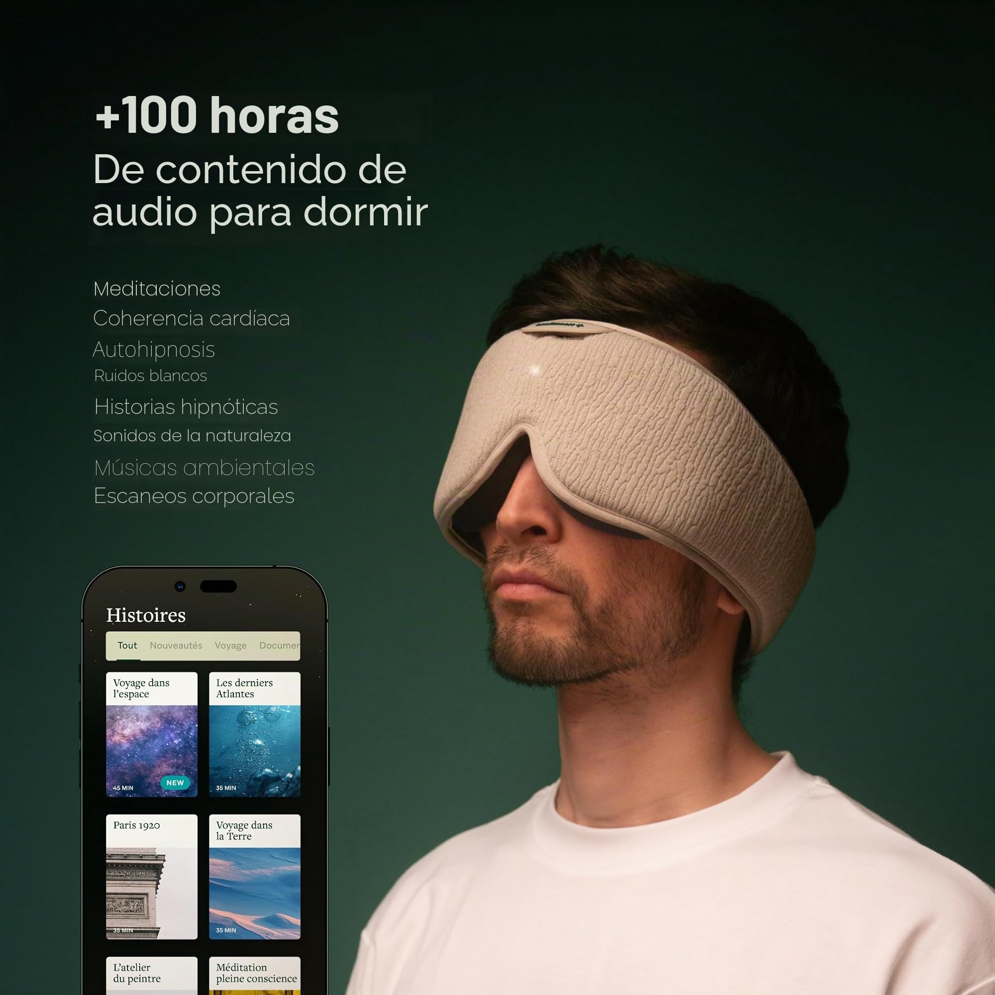 HoomBand Ultimate - Auriculares inalámbricos para dormir Bluetooth 5.0 | Máscara 100% opaca | Terapia de sonido, historias hipnóticas gratuitas, meditación | Ajustable | Cable magnético