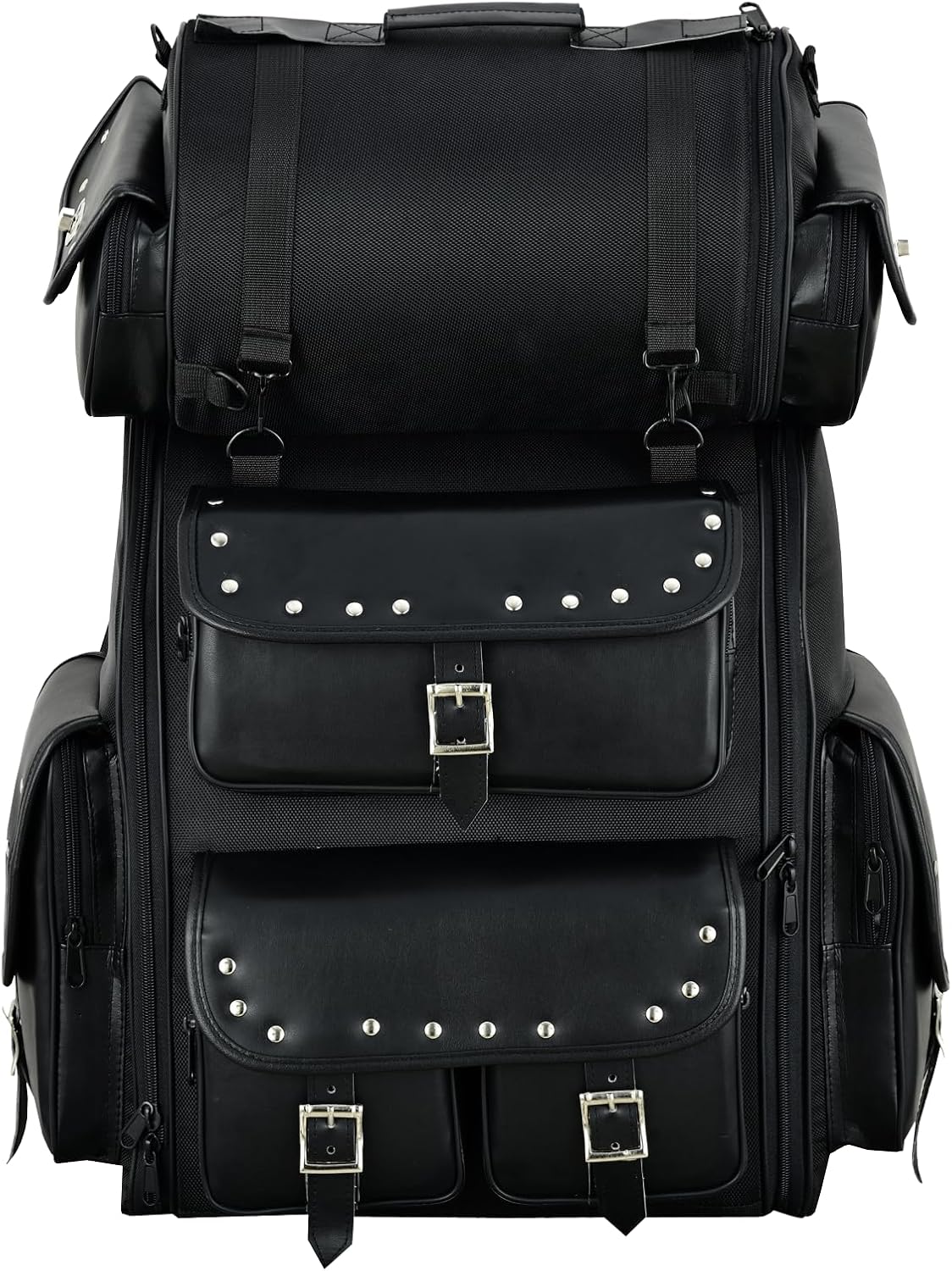 Vance Leathers Large Studded 2 Piece Sissy Bar Bag - Motorcycle Luggage with Multiple Storage Pockets & Removeable Rain Cover