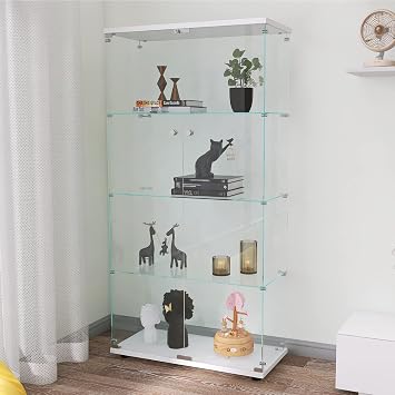 64"H Glass Display Cabinet, 4-Shelf Glass-Door Cabinet Curio Collection Display Case Trophy Showcase with Lock, Fast Installation Floor Standing Bookshelf for Living Room Office White-Large