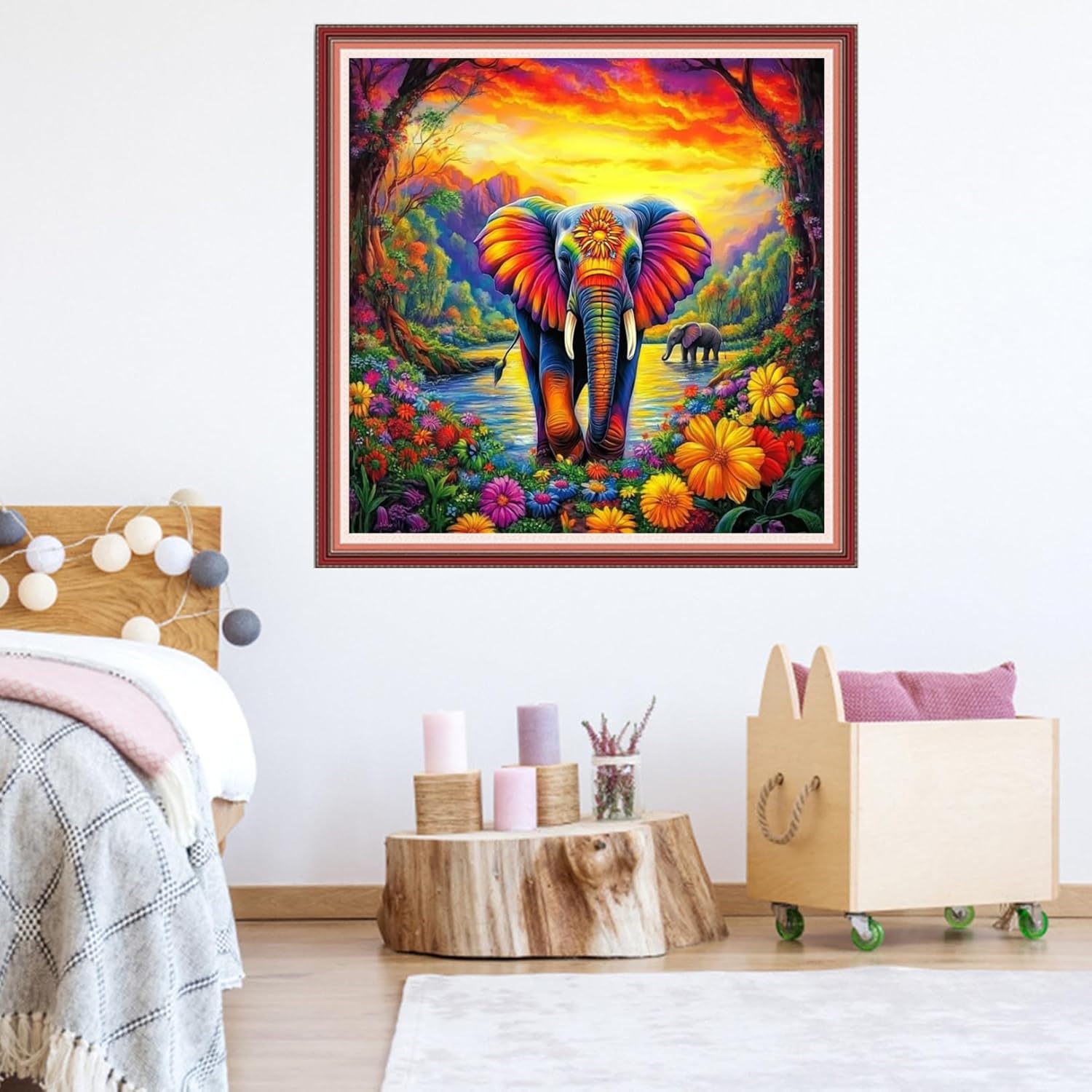 Joycasa Stamped Cross Stitch Kits for Beginners Full Range of Cross Stitching 11 CT Printed Cross Stitch Kit for Adults Cross-Stitch Patterns Needlepoint Kits&Forest Colored Elephant 18x18 inchs