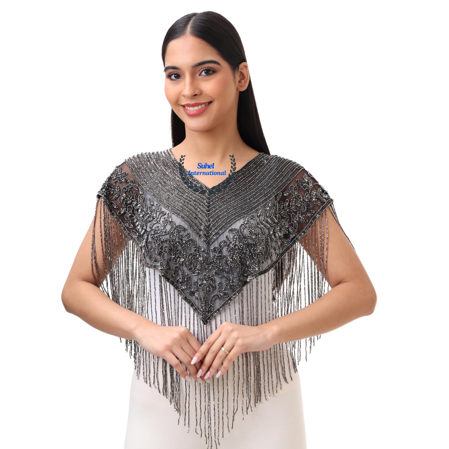 Women's Net Cape Poncho Full Embroidery V Neck Style Shurgs-image-0